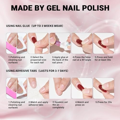 Feelhigh 24 Press On Nails - Natural Reusable Stick On Tips, Salon-Like Jelly Glue False Nails for Women Girls - 12 Sizes Kit (7) - Image 5
