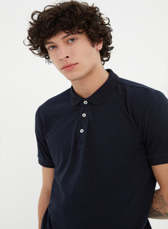 trendyol Navy Blue Slim/Slim Cut Polo Neck Short Sleeve 100% Cotton Polo Neck T-shirt - Image 5
