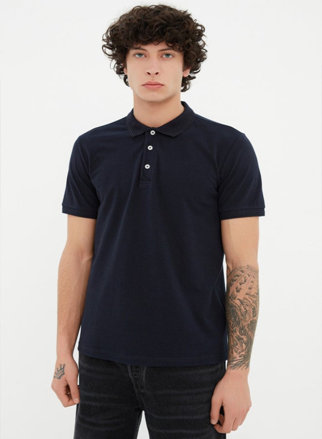 trendyol Navy Blue Slim/Slim Cut Polo Neck Short Sleeve 100% Cotton Polo Neck T-shirt - Image 1