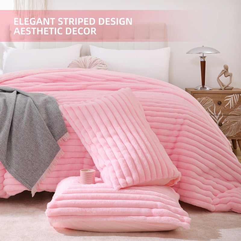 Smoofy Fluffy King Size Comforter Set 3 Pieces - Pink Fleece Fluffy Comforter Set, Luxury Fuzzy King Bedding Set, Soft King Bed Set All Season, Heavy Faux Fur Comforter with 2 Pillow Cases - Image 3