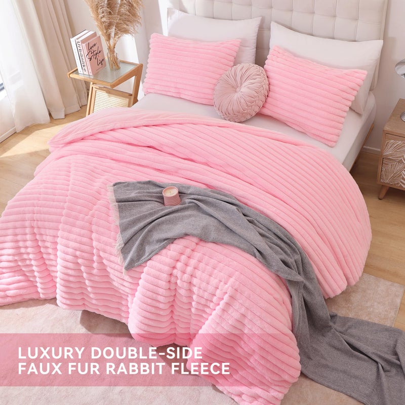 Smoofy Fluffy King Size Comforter Set 3 Pieces - Pink Fleece Fluffy Comforter Set, Luxury Fuzzy King Bedding Set, Soft King Bed Set All Season, Heavy Faux Fur Comforter with 2 Pillow Cases - Image 4
