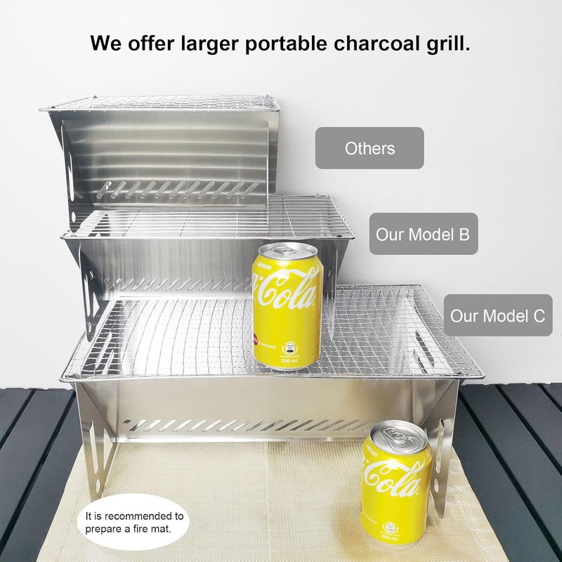 PHOJEWI Mini Portable Charcoal Grill,Small BBQ Grill Tabletop Fire Pit for Camping Patio Outdoor Grill Stainless Steel Camping Grill Folding Barbecue Grills Backpacking Grill - Image 4