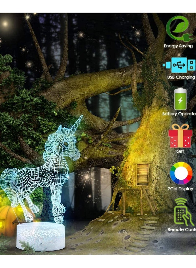althiqahkey - 3D Unicorn Night Light Toys 4 Years Old Boy Gifts Decorative LED Bedside Desk Table Lamp 3D Illusion Light - USB Power/7 Colors Changing - Image 1