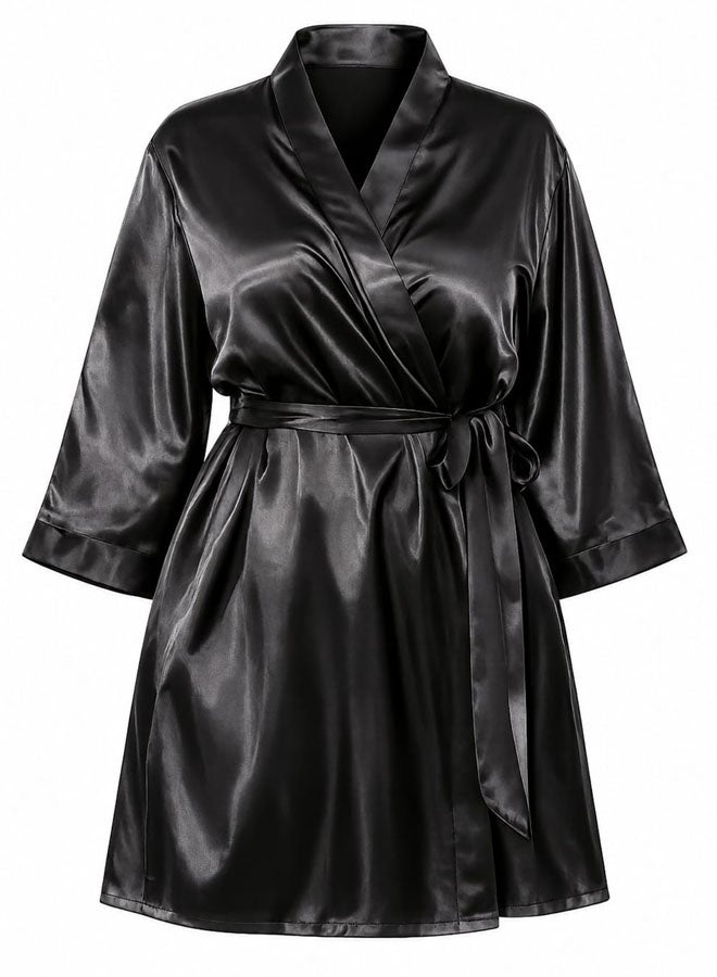 MARGOUN Women's XL/2XL Size Pure Short Satin Robes Bridesmaid and Bride Silky Robes Sleepwear Soft Dressing Gown Bride Pajamas Morning Robe Mid-Length Nightdress Black - Image 3