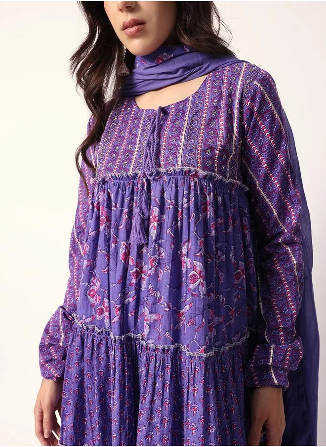آي شين Women's Lilac Cotton Textured Tunic Full Palazzo Regular Fit Kurta Set