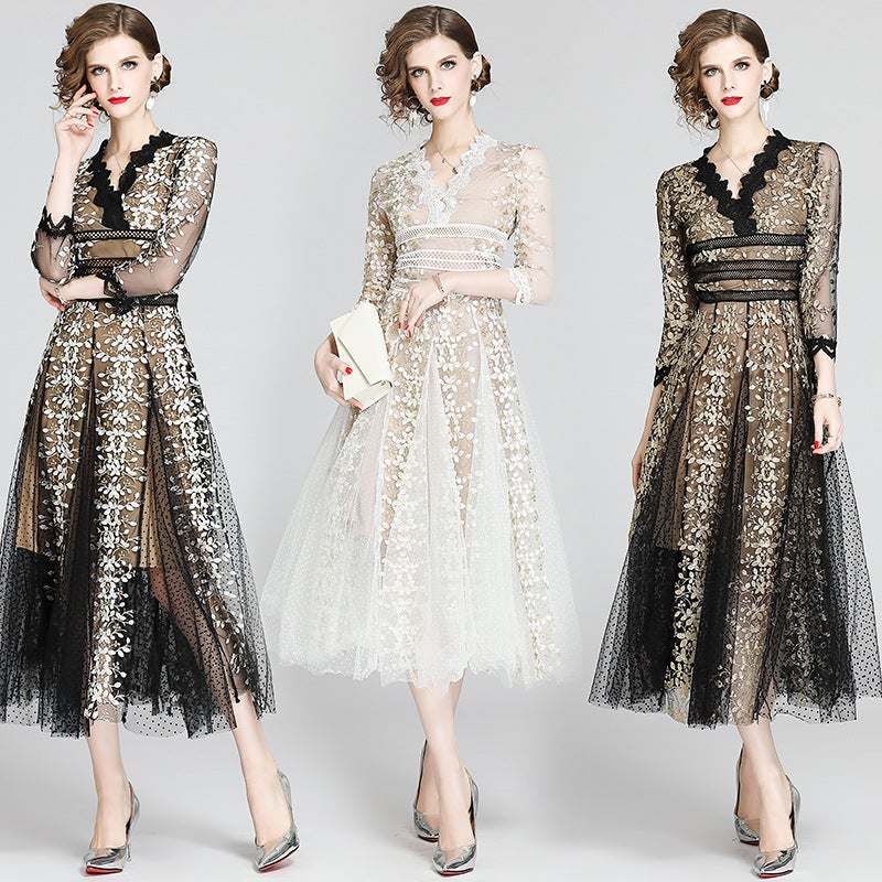 Generic French Elegance Dress Lace Embroidery 2020 Black and White