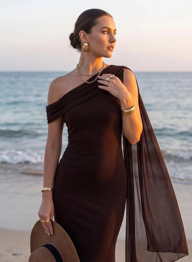 Styli dark brown Red Asymmetric Neck Draped Bodycon Maxi Dress for Women | Best Price UAE