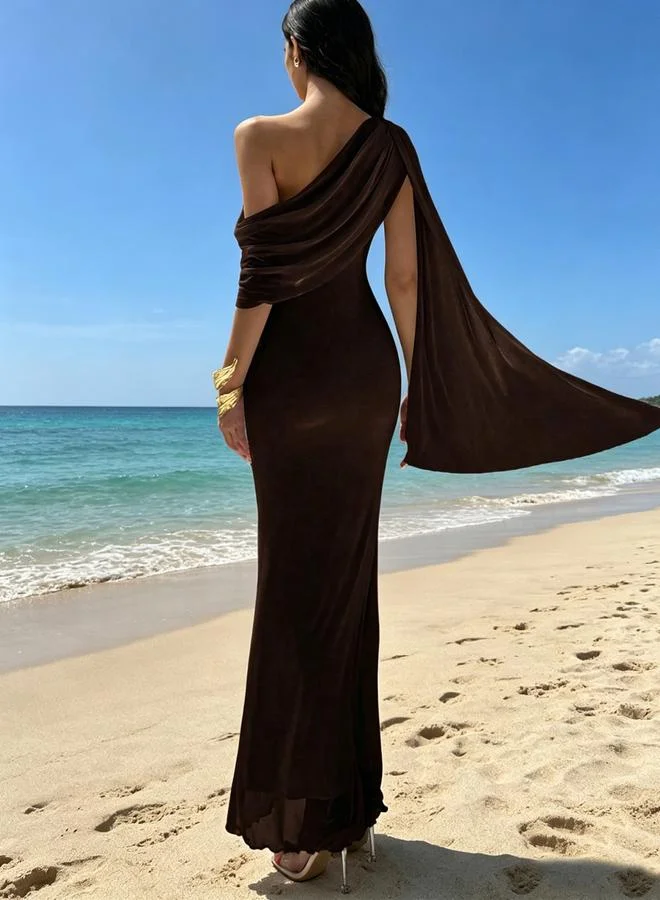 Styli dark brown Red Asymmetric Neck Draped Bodycon Maxi Dress for Women | Best Price UAE