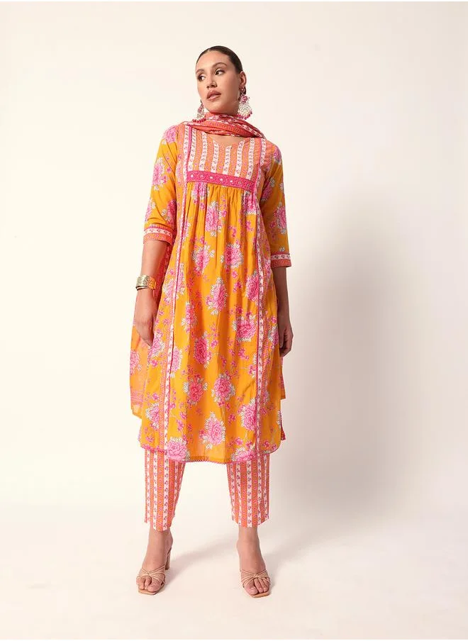 آي شين Women's Mustard Cotton Textured Tunic Full Palazzo Regular Fit Kurta Set