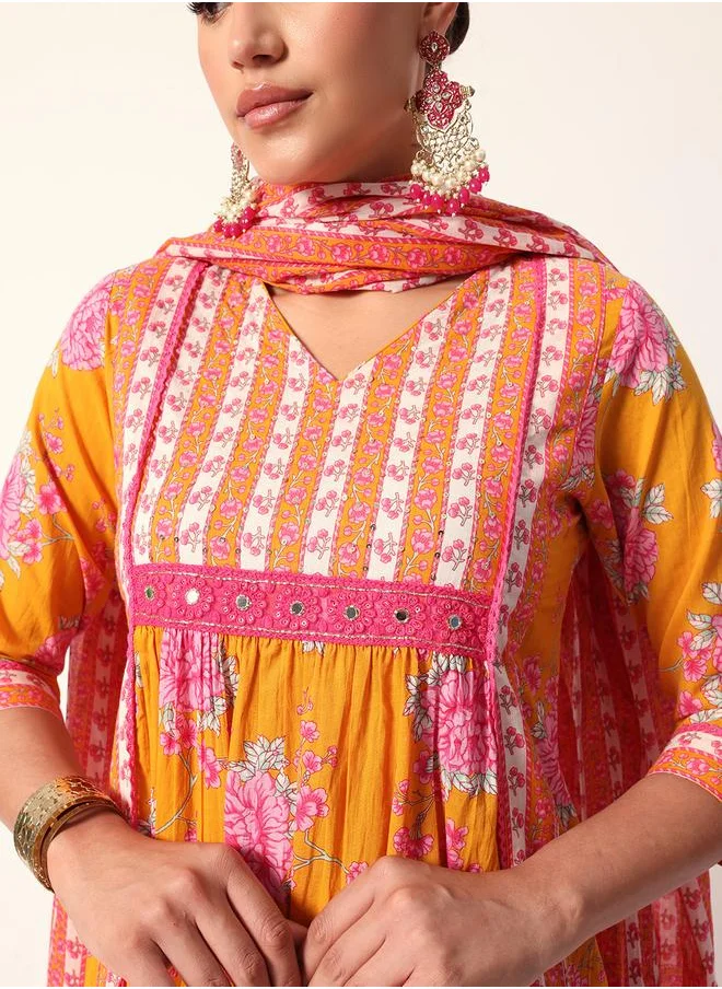 آي شين Women's Mustard Cotton Textured Tunic Full Palazzo Regular Fit Kurta Set