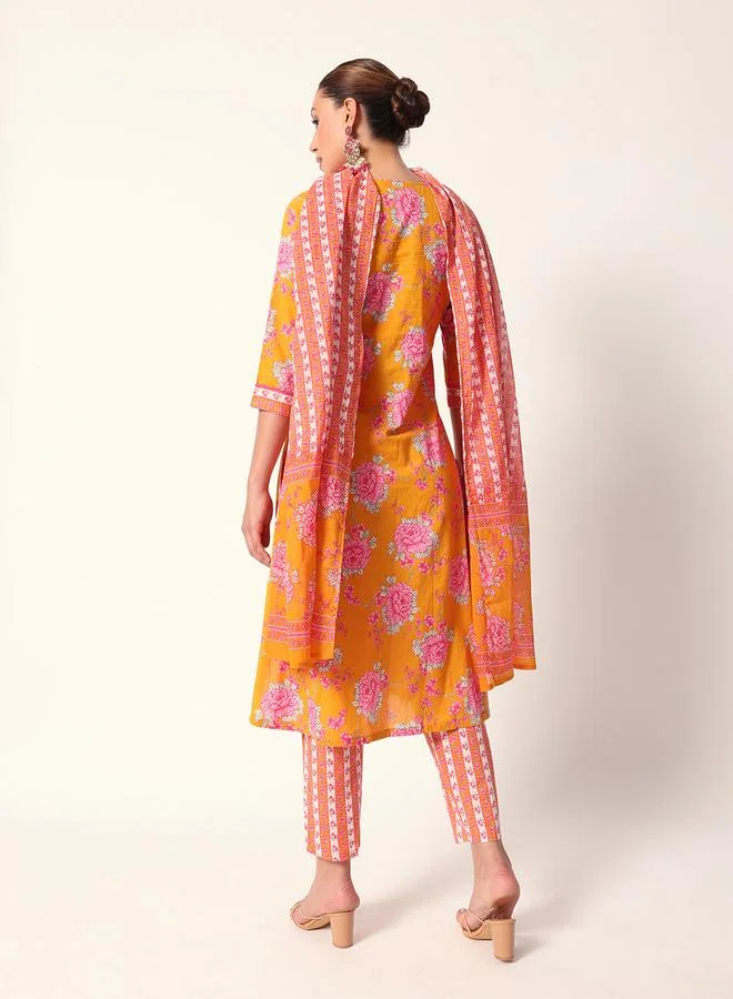 ISHIN Women's Mustard Cotton Textured Tunic Full Palazzo Regular Fit Kurta Set