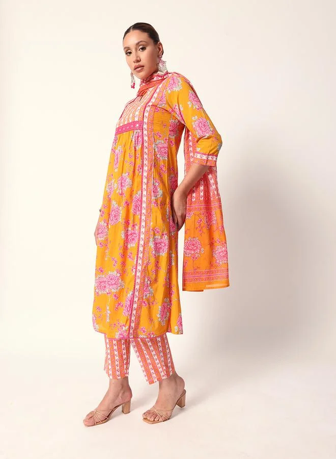 ISHIN Women's Mustard Cotton Textured Tunic Full Palazzo Regular Fit Kurta Set