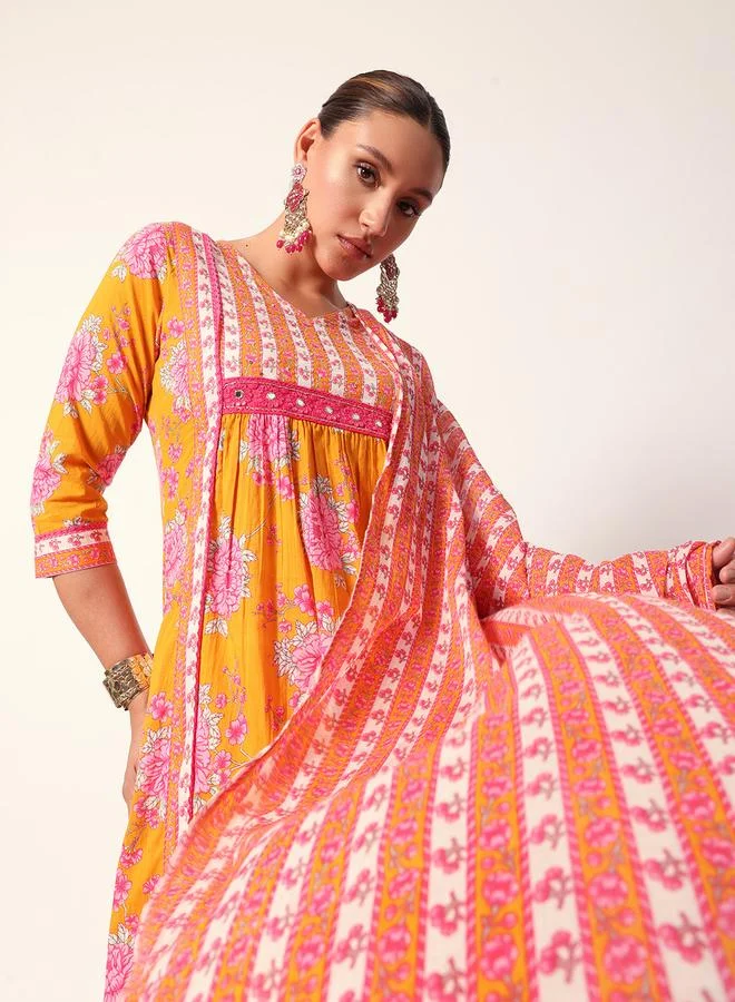 ISHIN Women's Mustard Cotton Textured Tunic Full Palazzo Regular Fit Kurta Set