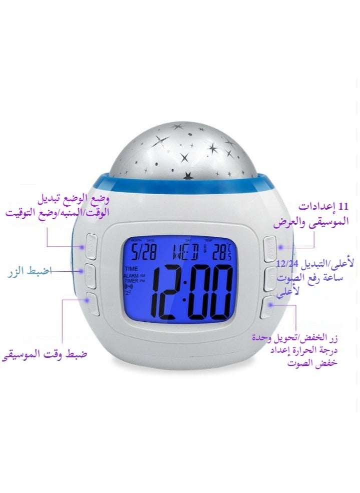 XICEN - 3 in 1 Alarm Clock, Battery Powered Alarm Clock with Starry Projector Lamp, Digital Alarm Clock with Calendar Thermometer Night Light - Image 1