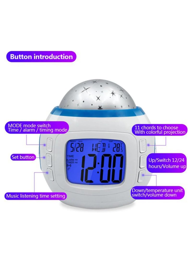 XICEN - 3 in 1 Alarm Clock, Battery Powered Alarm Clock with Starry Projector Lamp, Digital Alarm Clock with Calendar Thermometer Night Light - Image 1