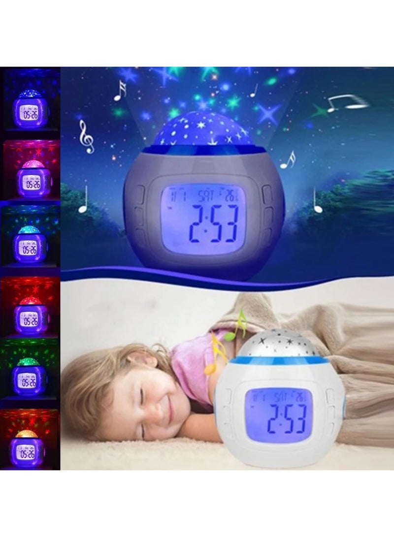 اكسيسن منبه على شكل جهاز عرض النجوم، ساعة رقمية مزودة بإضاءة ليلية، تعمل بالبطارية، إضاءة ليلية متغيرة الألوان لغرفة النوم، السقف، هدية للأولاد والبنات - Image 3