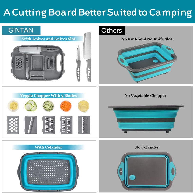 Gintan Collapsible Camping Cutting Board, 9-in-1 Chopping Board with Colander, Kitchen Vegetable Washing Basket for Camping, Camping Gifts Camping Accessories for RV Campers (Blue+Grey) - Image 3