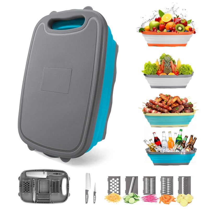 Gintan Collapsible Camping Cutting Board, 9-in-1 Chopping Board with Colander, Kitchen Vegetable Washing Basket for Camping, Camping Gifts Camping Accessories for RV Campers (Blue+Grey) - Image 1