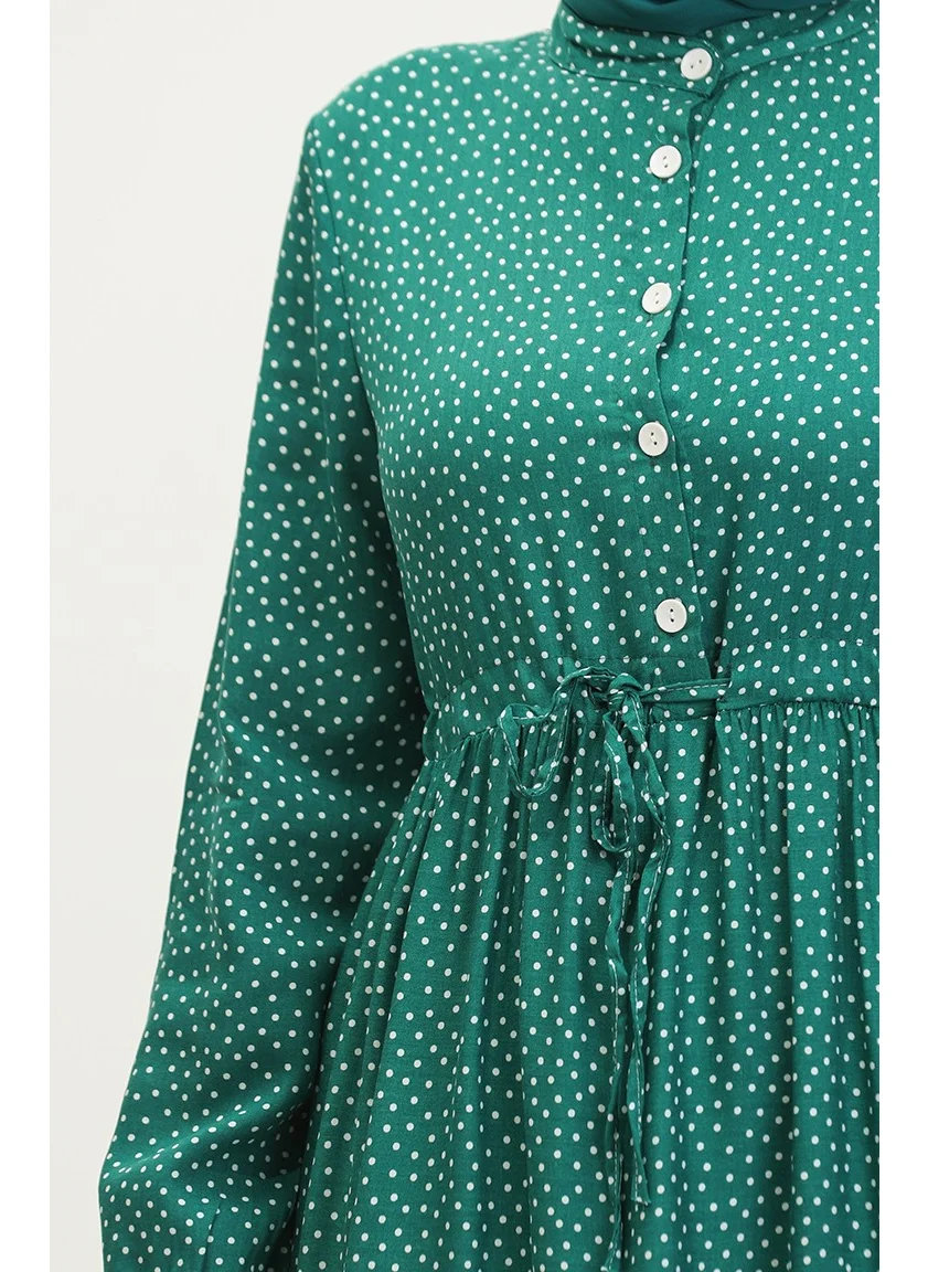 Sefa Merve Polka Dot Pattern Waist Gathered Dress 0372-04 Emerald Green