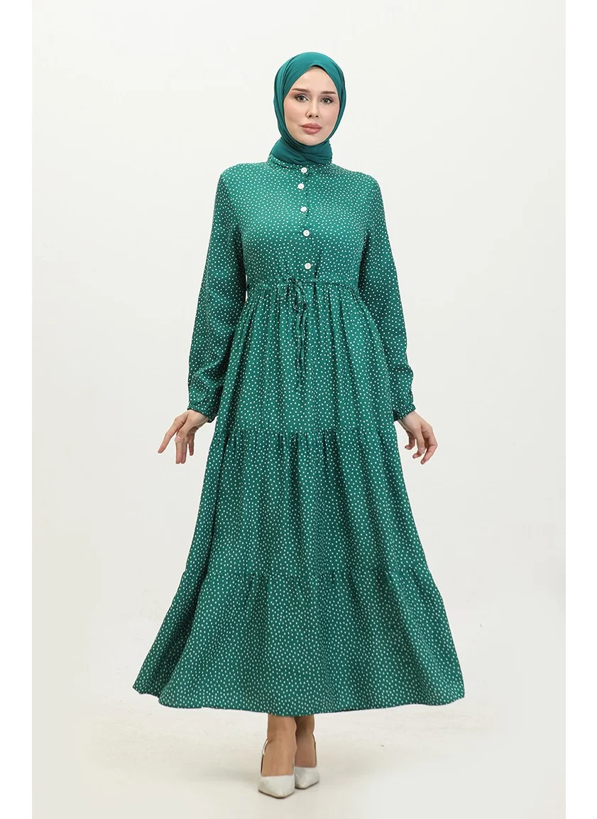 Sefa Merve Polka Dot Pattern Waist Gathered Dress 0372-04 Emerald Green