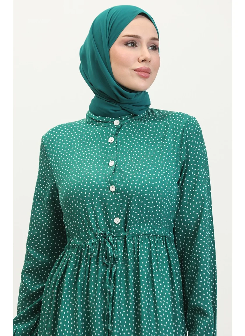 Sefa Merve Polka Dot Pattern Waist Gathered Dress 0372-04 Emerald Green