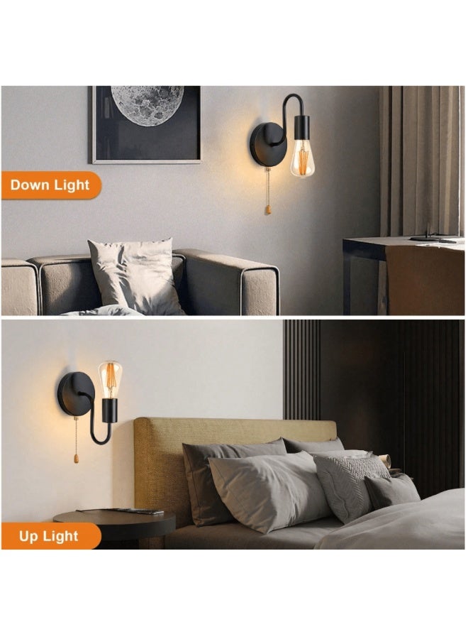 ميون مصباحان جداريان بسلسلة سحب، مصباح جداري أحادي الإضاءة مع مفتاح تشغيل/إيقاف، أسود اللون، إضاءة داخلية بتصميم صناعي عتيق، قاعدة E26، مناسب لغرف النوم والممرات والحمامات، المصباح غير متضمن. - Image 3