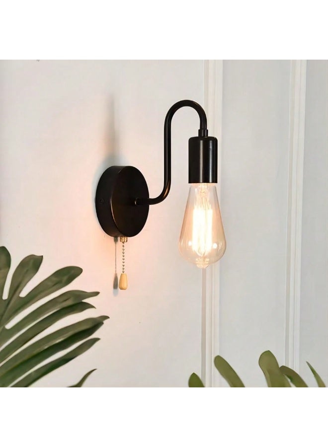 ميون مصباحان جداريان بسلسلة سحب، مصباح جداري أحادي الإضاءة مع مفتاح تشغيل/إيقاف، أسود اللون، إضاءة داخلية بتصميم صناعي عتيق، قاعدة E26، مناسب لغرف النوم والممرات والحمامات، المصباح غير متضمن. - Image 4