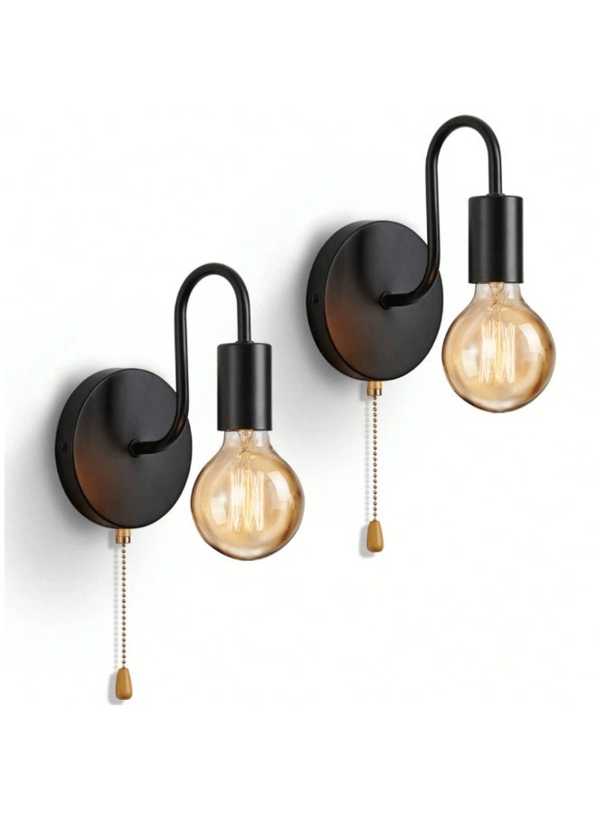 ميون مصباحان جداريان بسلسلة سحب، مصباح جداري أحادي الإضاءة مع مفتاح تشغيل/إيقاف، أسود اللون، إضاءة داخلية بتصميم صناعي عتيق، قاعدة E26، مناسب لغرف النوم والممرات والحمامات، المصباح غير متضمن. - Image 1