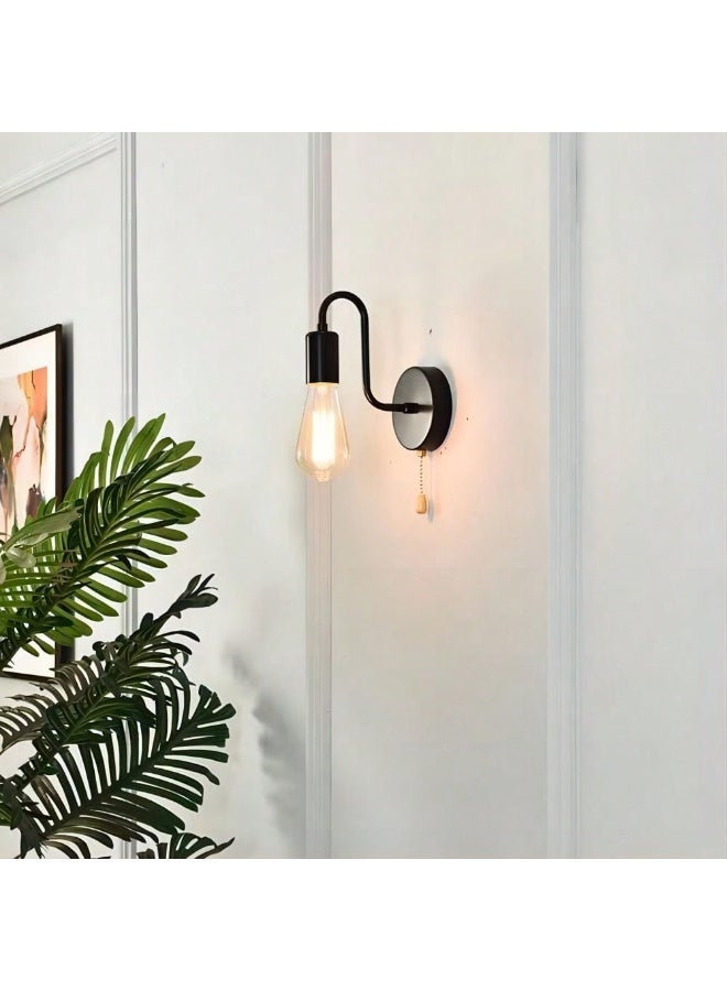 ميون مصباحان جداريان بسلسلة سحب، مصباح جداري أحادي الإضاءة مع مفتاح تشغيل/إيقاف، أسود اللون، إضاءة داخلية بتصميم صناعي عتيق، قاعدة E26، مناسب لغرف النوم والممرات والحمامات، المصباح غير متضمن. - Image 5