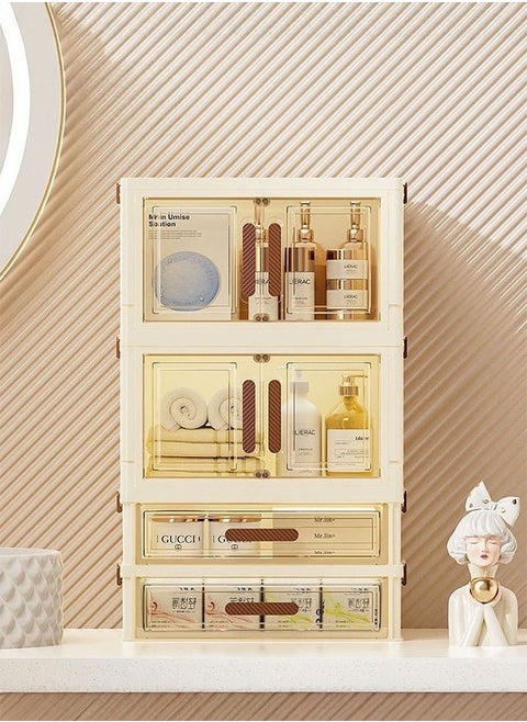 Foldable Large Capacity Storage Box with 2 Drawer and 2 Door for Perfume and Skincare Storage Box, Large Capacity with Drawers, Transparent Drawer Cabinet, Suitable for Vanity and Bathroom Countertop, Cosmetic Storage Box