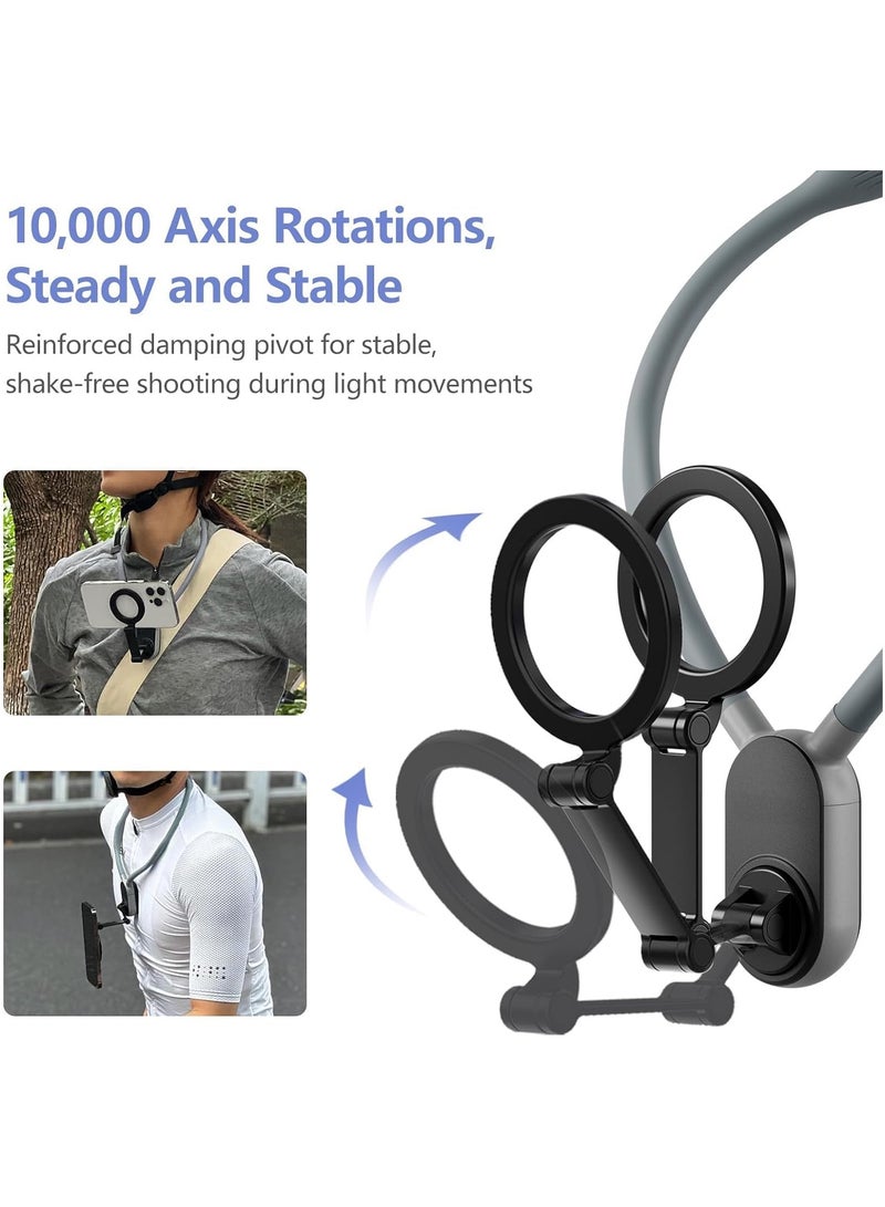 Magnetic Neck Mount for Phones, Neck Cell Phone Holder POV/Vlog Selfie Mount Hand Free Phone Neck Holder Chest Stand Strap Video Recording for iPhone 15 14 13 12 Seires Android Phones (Grey)  - Image 2