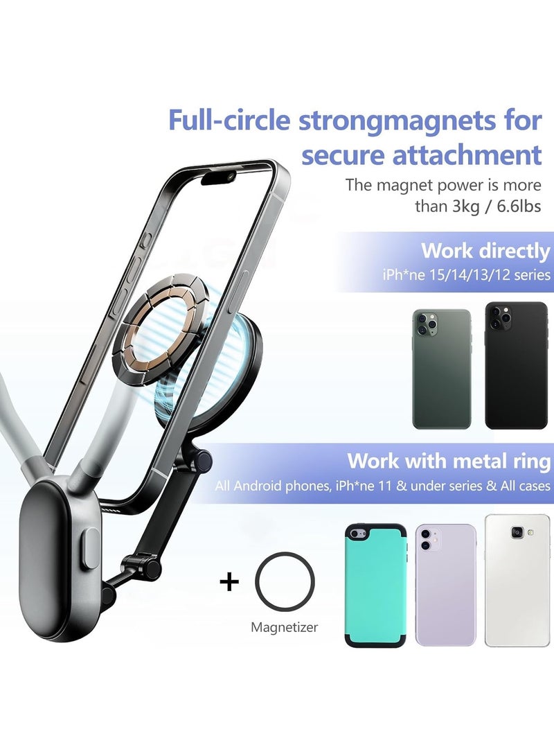 Magnetic Neck Mount for Phones, Neck Cell Phone Holder POV/Vlog Selfie Mount Hand Free Phone Neck Holder Chest Stand Strap Video Recording for iPhone 15 14 13 12 Seires Android Phones (Grey)  - Image 5