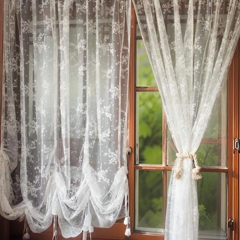 ABREEZE Elegant White Lace Embroidered Sheer Ballon Curtains, Adjustable Tie-Up Curtain Shades, 1 Panel Floral Tulle Curtains for Windows-78''X59'' - Image 2