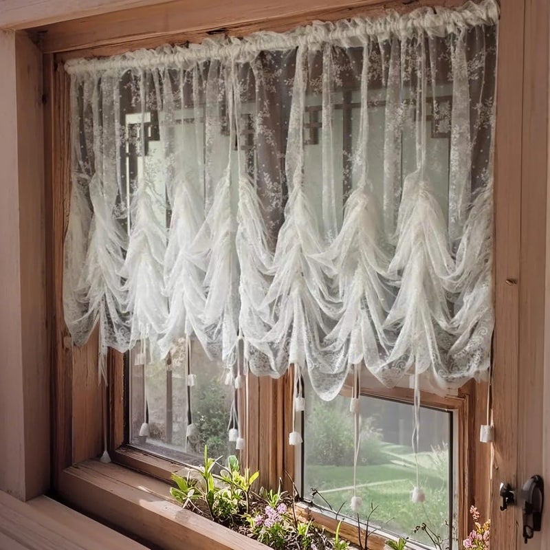 ABREEZE Elegant White Lace Embroidered Sheer Ballon Curtains, Adjustable Tie-Up Curtain Shades, 1 Panel Floral Tulle Curtains for Windows-78''X59'' - Image 1
