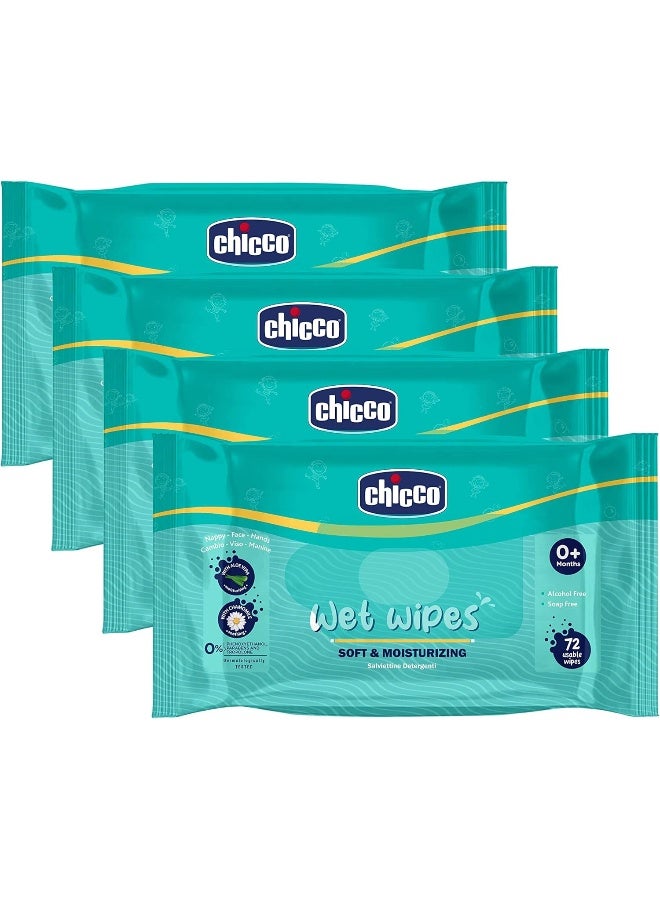 شيكو مناديل مبللة ناعمة ومنظفة للأطفال من شيكو، مثالية للحفاضات والوجه واليد، تم اختبارها من قبل أطباء الجلدية، خالية من البارابين، عبوة من 4 ملصقات (72 ورقة في كل عبوة) 288 قطعة - Image 1