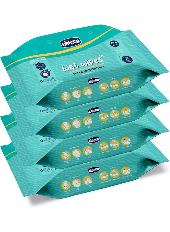 شيكو مناديل مبللة ناعمة ومنظفة للأطفال من شيكو، مثالية للحفاضات والوجه واليد، تم اختبارها من قبل أطباء الجلدية، خالية من البارابين، عبوة من 4 ملصقات (72 ورقة في كل عبوة) 288 قطعة - Image 2