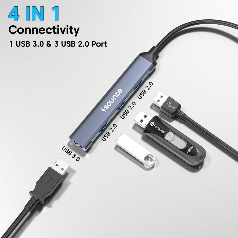 Sounce محور USB + Type C 4 منافذ USB 3.0 مع نقل بيانات بسرعة 5 جيجابت في الثانية، 1*منفذ USB 3.0، 3*منفذ USB 2.0، تصميم معدني أنيق لمحول Type C للكمبيوتر المحمول، ماك بوك، كروم بوك والهواتف الذكية (رمادي) - Image 3
