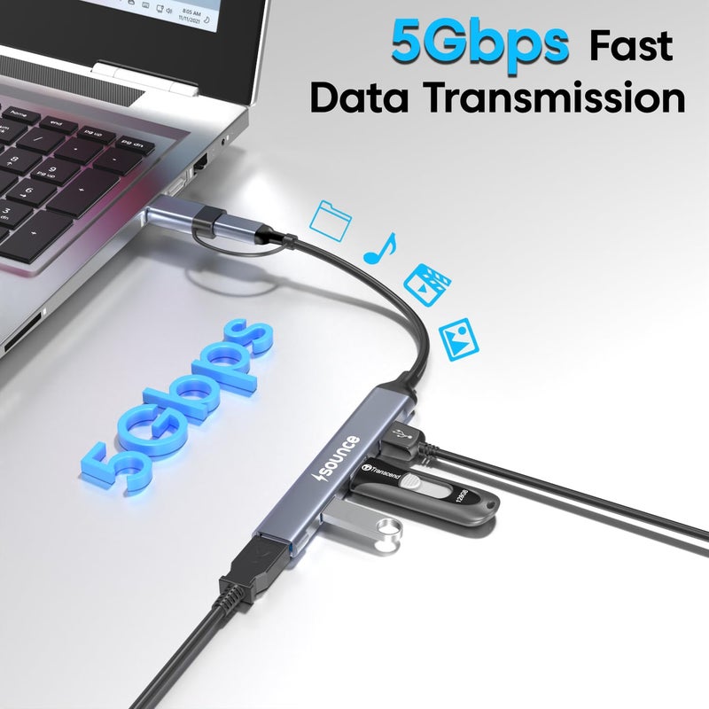 Sounce محور USB + Type C 4 منافذ USB 3.0 مع نقل بيانات بسرعة 5 جيجابت في الثانية، 1*منفذ USB 3.0، 3*منفذ USB 2.0، تصميم معدني أنيق لمحول Type C للكمبيوتر المحمول، ماك بوك، كروم بوك والهواتف الذكية (رمادي) - Image 2