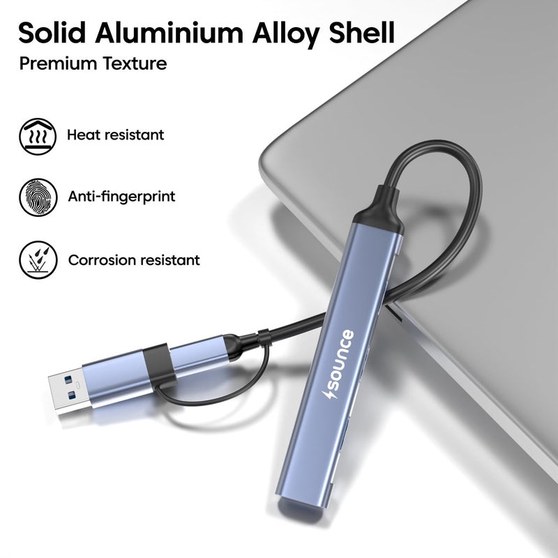 Sounce محور USB + Type C 4 منافذ USB 3.0 مع نقل بيانات بسرعة 5 جيجابت في الثانية، 1*منفذ USB 3.0، 3*منفذ USB 2.0، تصميم معدني أنيق لمحول Type C للكمبيوتر المحمول، ماك بوك، كروم بوك والهواتف الذكية (رمادي) - Image 4