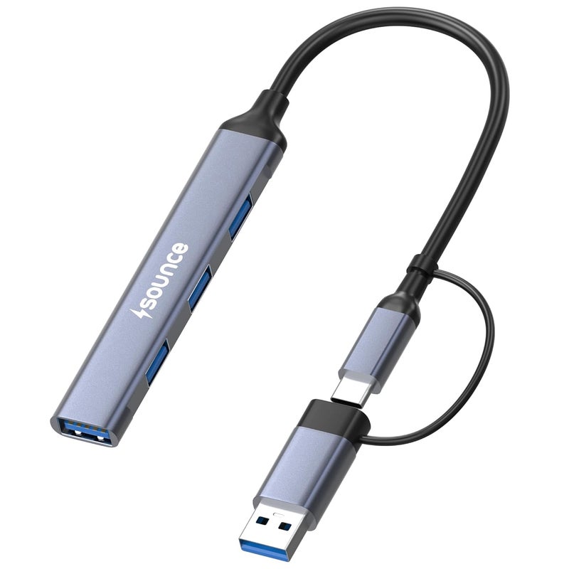 Sounce محور USB + Type C 4 منافذ USB 3.0 مع نقل بيانات بسرعة 5 جيجابت في الثانية، 1*منفذ USB 3.0، 3*منفذ USB 2.0، تصميم معدني أنيق لمحول Type C للكمبيوتر المحمول، ماك بوك، كروم بوك والهواتف الذكية (رمادي) - Image 1