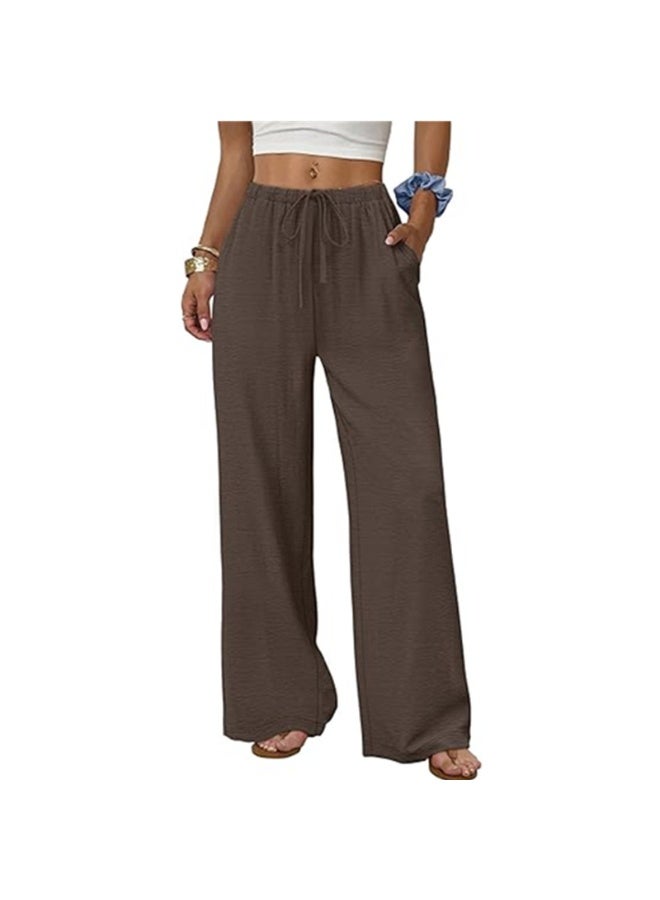 NIBEMINENT Wide Leg Pants for Women Flowy Palazzo Drawstring Elastic Waist Trousers with Pockets Summer Beach Vacation Clothes - Image 1