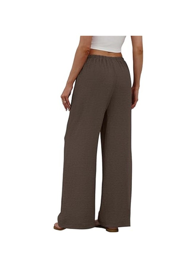 NIBEMINENT Wide Leg Pants for Women Flowy Palazzo Drawstring Elastic Waist Trousers with Pockets Summer Beach Vacation Clothes - Image 4
