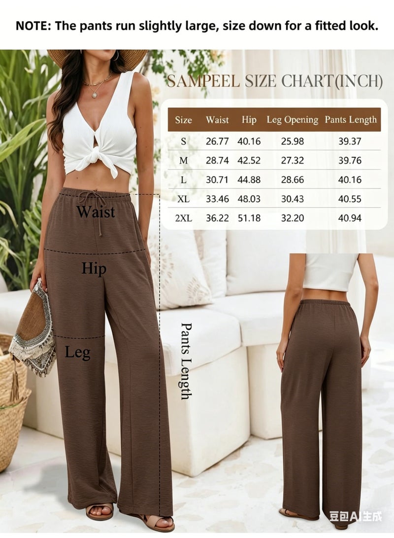 NIBEMINENT Wide Leg Pants for Women Flowy Palazzo Drawstring Elastic Waist Trousers with Pockets Summer Beach Vacation Clothes - Image 5