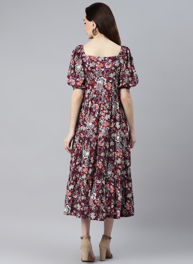 Indibelle Burgundy & Orange Floral Puff Sleeves Midi Dress - Image 4