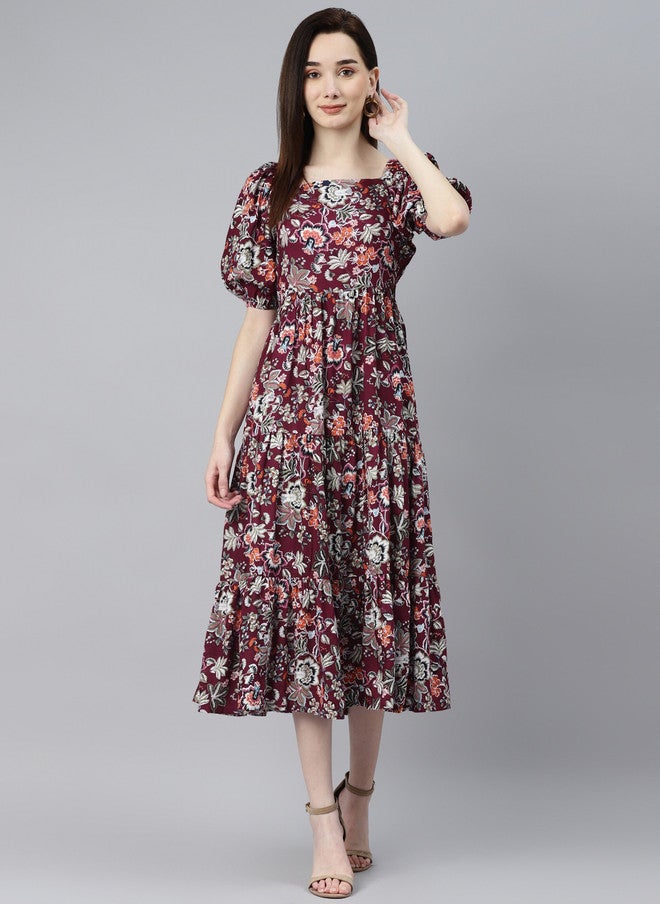 Indibelle Burgundy & Orange Floral Puff Sleeves Midi Dress - Image 1