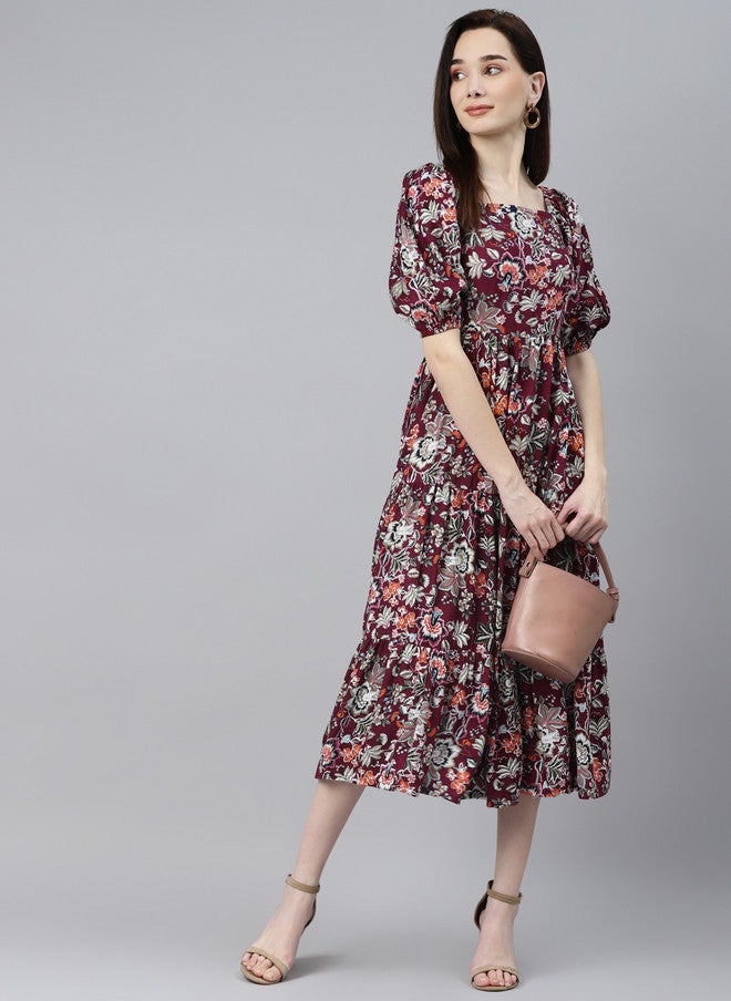 Indibelle Burgundy & Orange Floral Puff Sleeves Midi Dress - Image 5