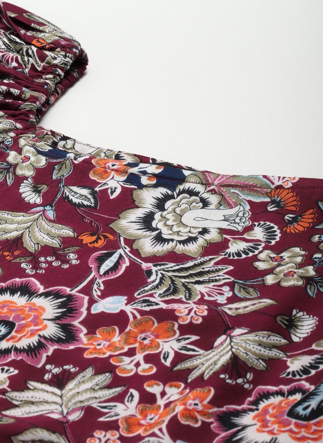 Indibelle Burgundy & Orange Floral Puff Sleeves Midi Dress - Image 2