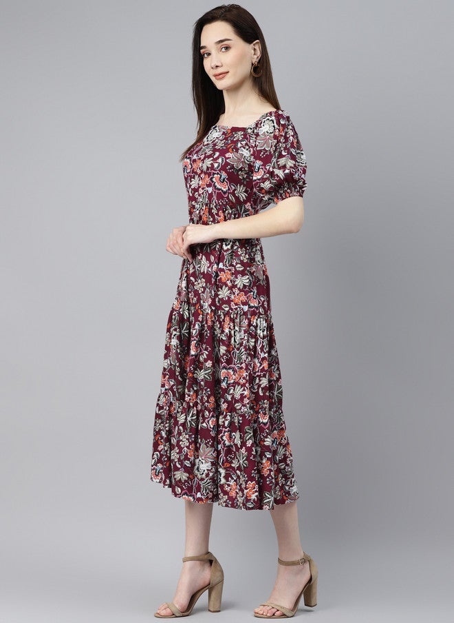 Indibelle Burgundy & Orange Floral Puff Sleeves Midi Dress - Image 3