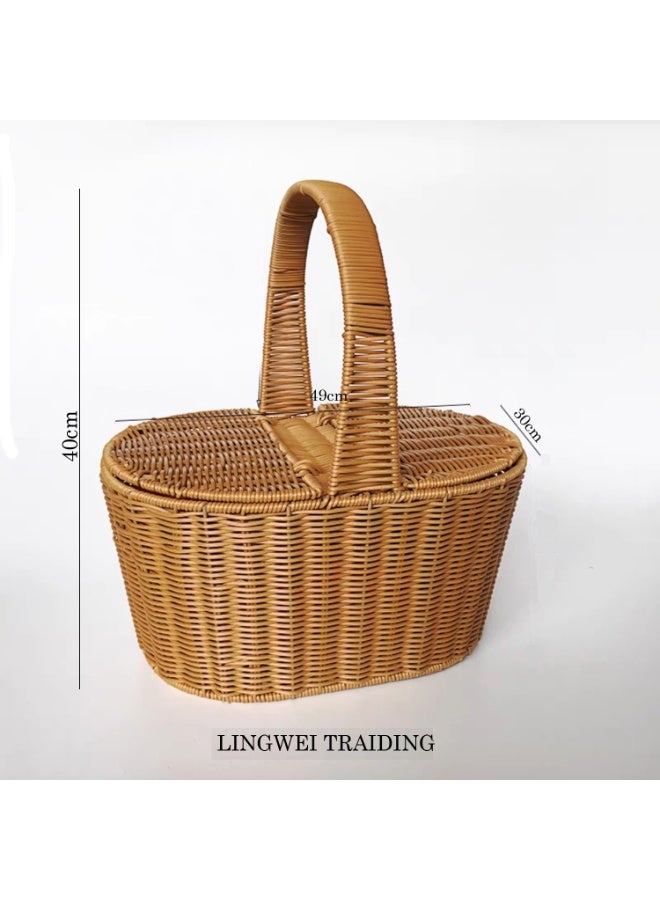 LINGWEI Handmade Rattan Picnic Basket with Lid & Handle Large Wicker Storage Basket for Picnic - Image 4