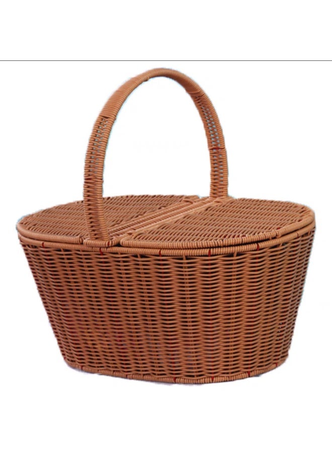 LINGWEI Handmade Rattan Picnic Basket with Lid & Handle Large Wicker Storage Basket for Picnic - Image 3